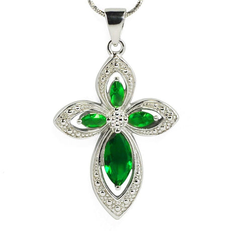 Forest Green Cross CZ Sterling Silver Pendant in Green color,  shape