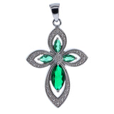 Forest Green Cross CZ Sterling Silver Pendant in Green color
