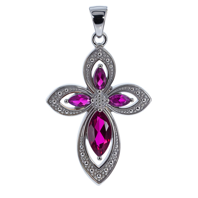 Violet Red Cross CZ Sterling Silver Pendant in Red color