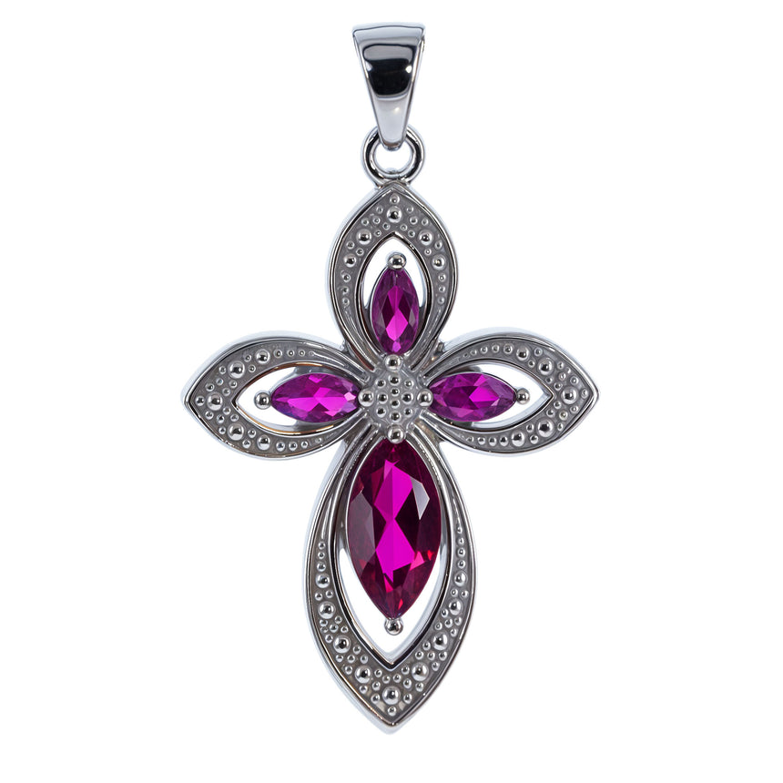 Violet Red Cross CZ Sterling Silver Pendant in Red color