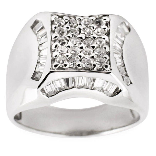 CZ Rhodium Plated Sterling Silver Men's Ring (Size 10) in Silver color