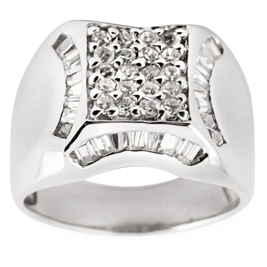 CZ Rhodium Plated Sterling Silver Men's Ring (Size 9) in Silver color,  shape