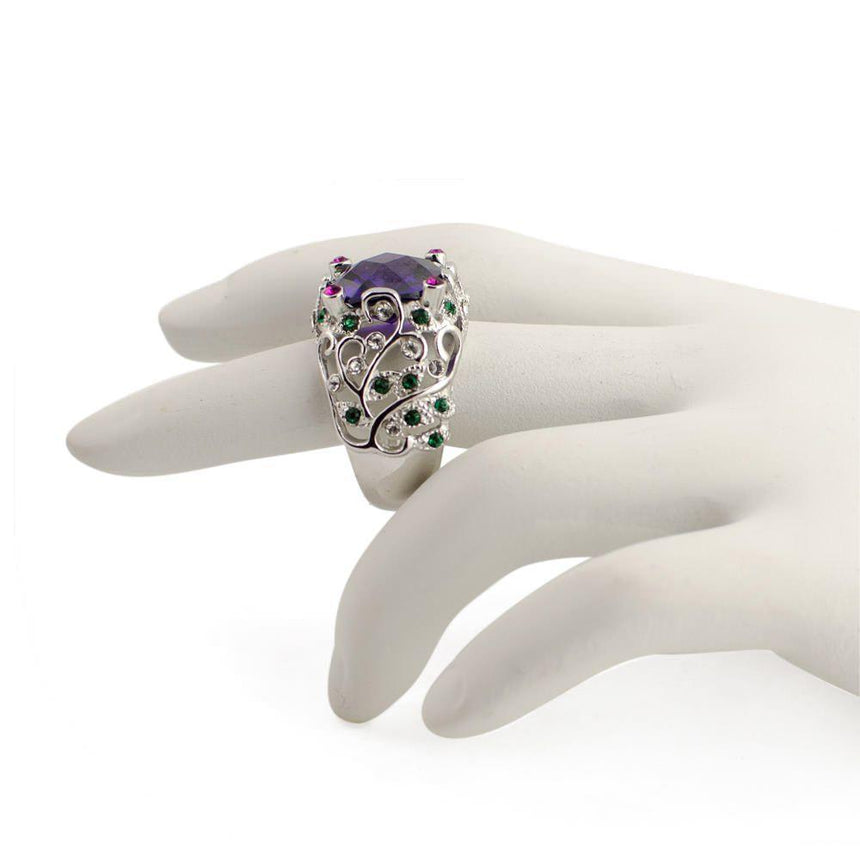 Crystal Glass CZ Design Sterling Silver Ring (Size 8) , dimensions in inches: 1 x  x