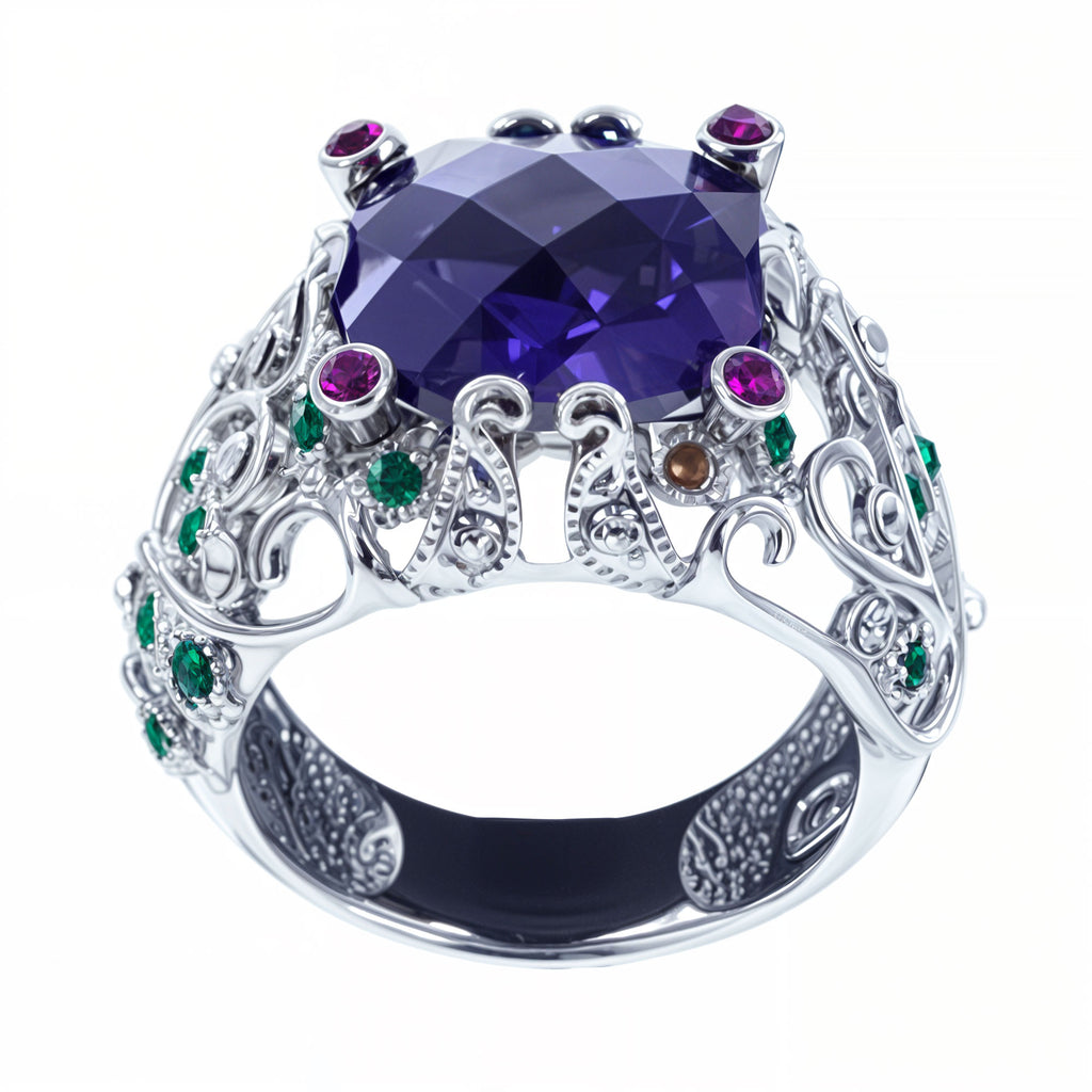 Crystal Glass CZ Design Sterling Silver Ring (Size 8) in Purple color