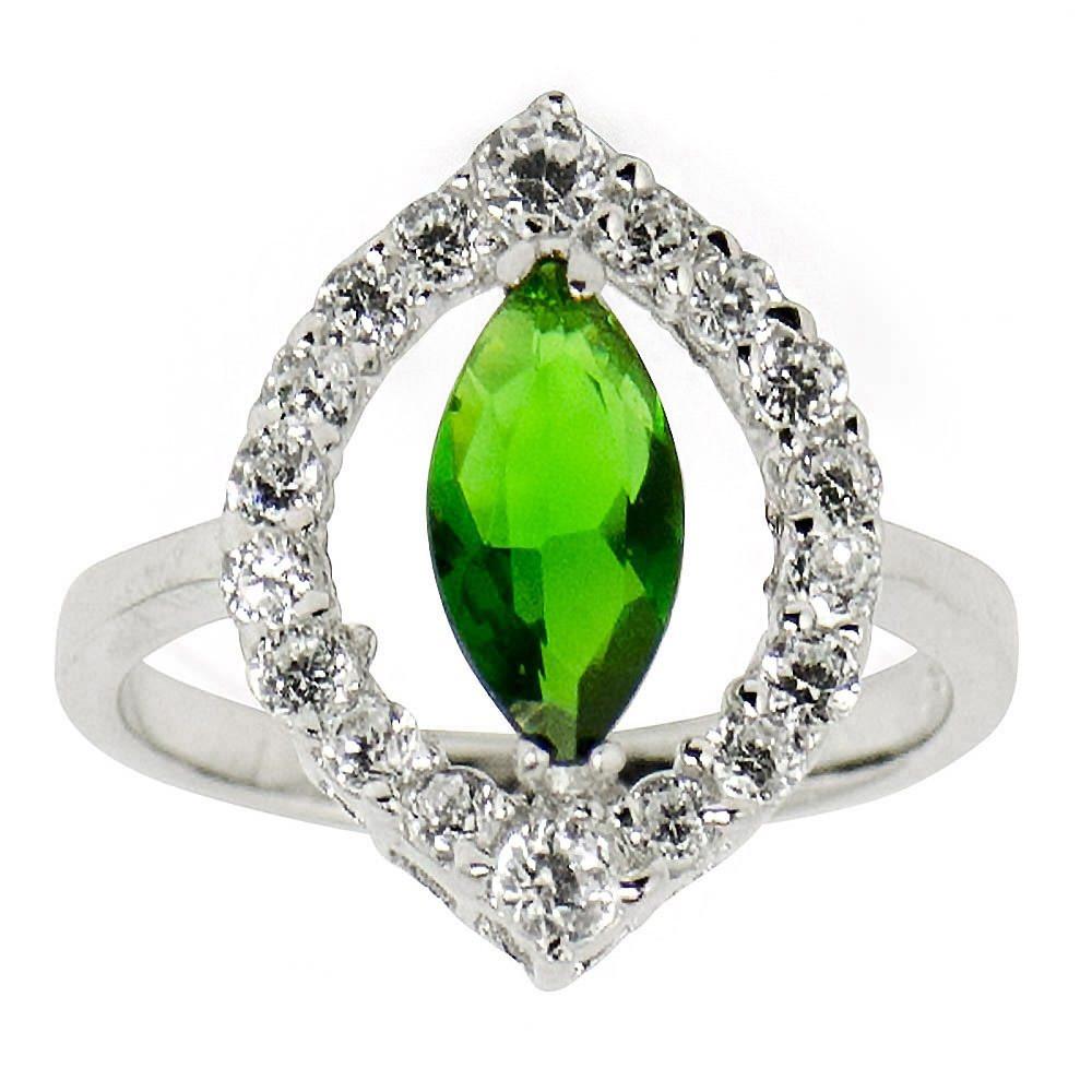 Green Rhodium CZ Sterling Silver Ring (Size 6) in Green color,  shape