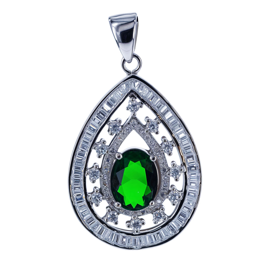 Forest Green Teardrop CZ Sterling Silver Pendant in Green color