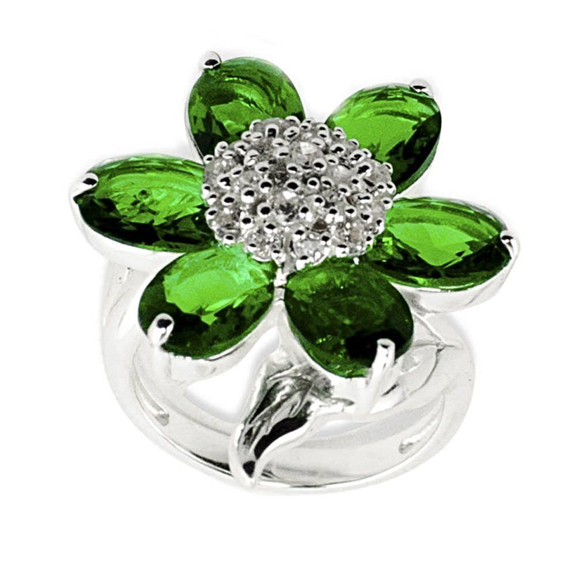 Forest Green Flower Sterling Silver Ring (Size 6) in Green color,  shape