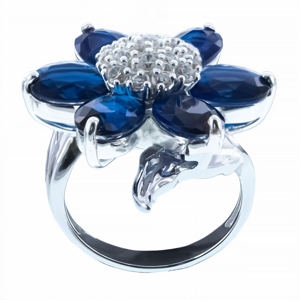 Midnight Blue Flower Sterling Silver Ring (Size 7) in Blue color