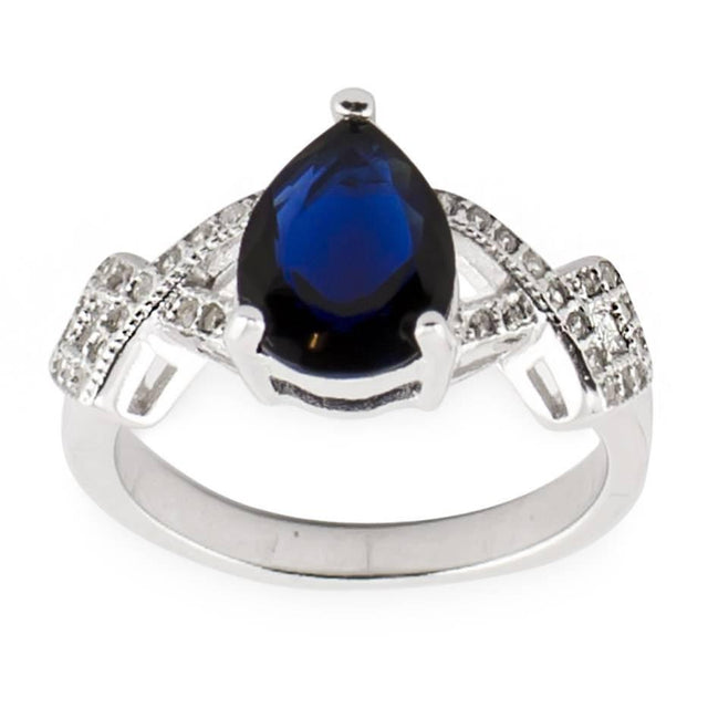 Blue CZ Rhodium Sterling Silver Ring (Size 8) in Blue color,  shape
