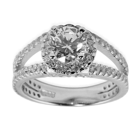 Cubic CZ Rhodium Sterling Silver Ring (Size 7) in Silver color