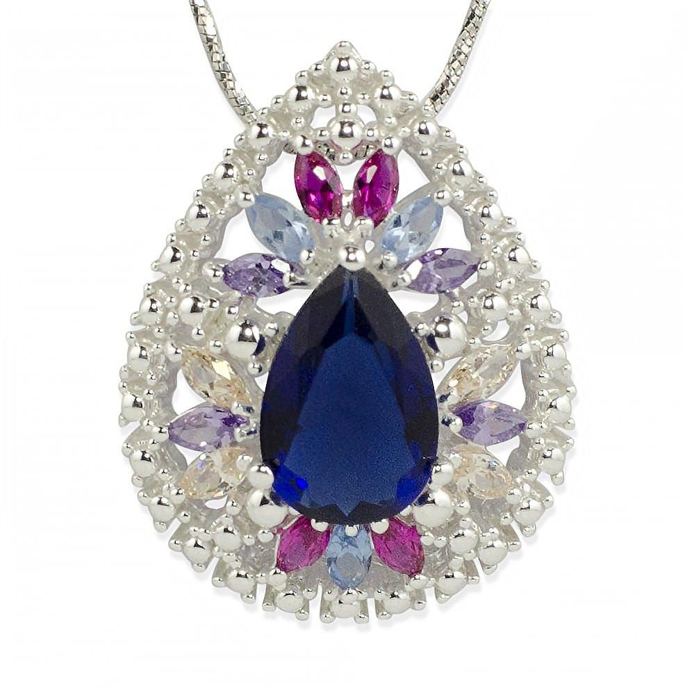 Multicolor Teardrop CZ Sterling Silver Pendant in Silver color