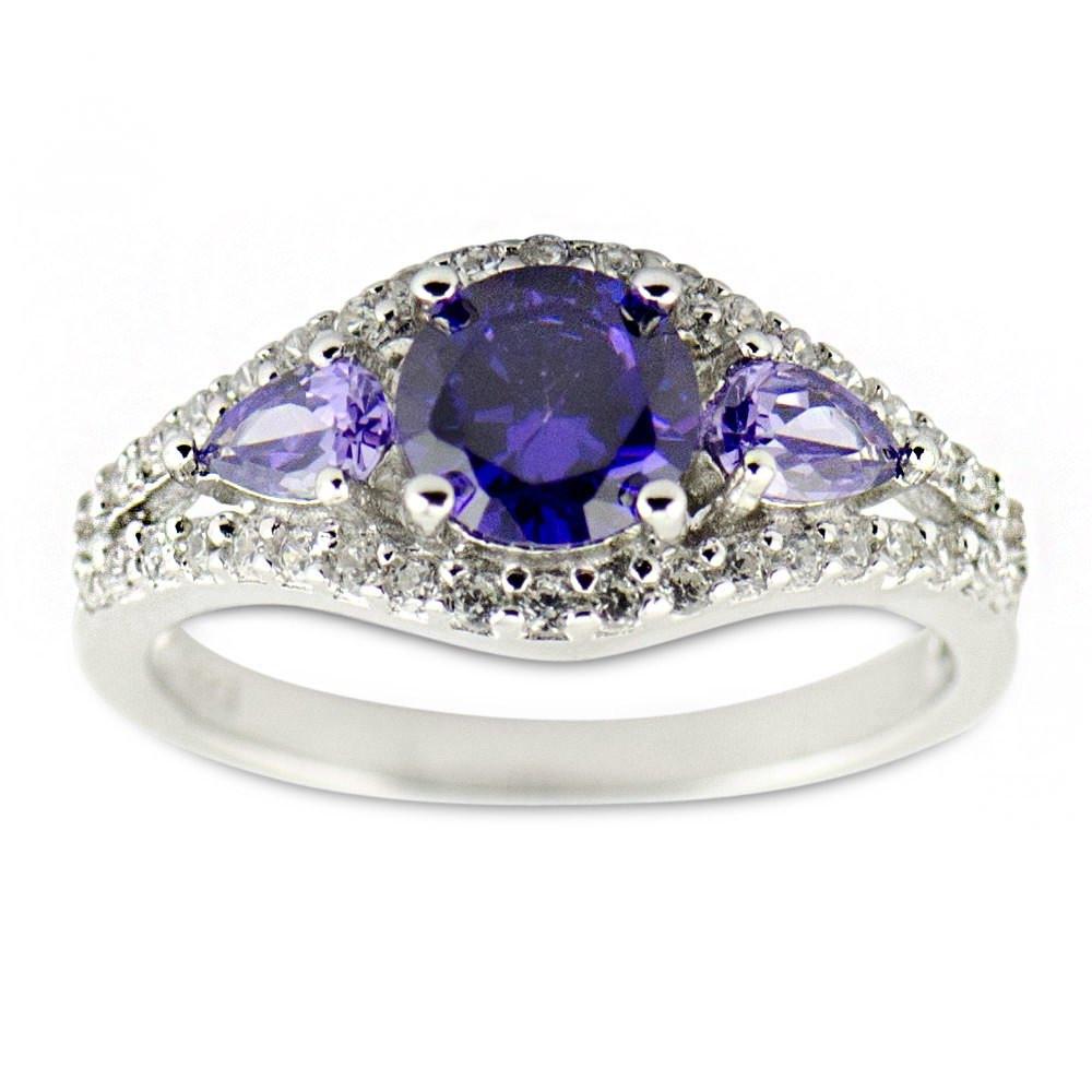 Purple CZ Rhodium Sterling Silver Ring (Size 7) in Purple color,  shape