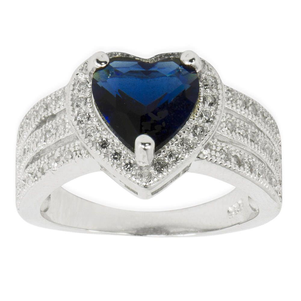 CZ Blue Heart Sterling Silver Ring (Size 7) in Blue color