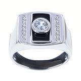 CZ Black Enamel Sterling Silver Men's Ring (Size 9) in Silver color