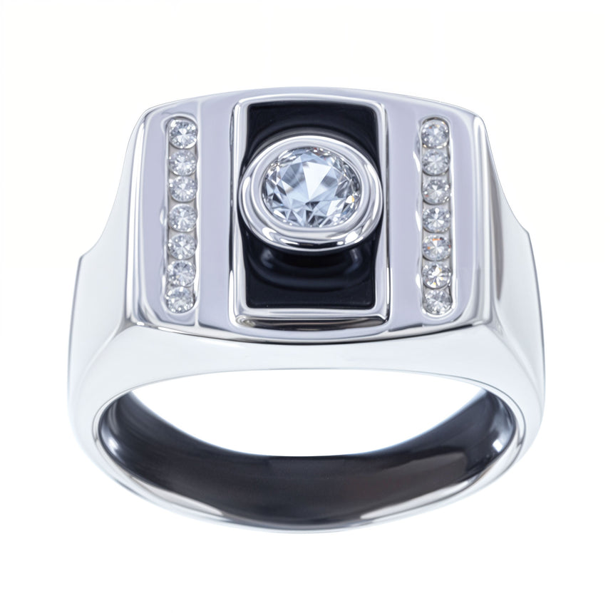 CZ Black Enamel Sterling Silver Men's Ring (Size 9) in Silver color