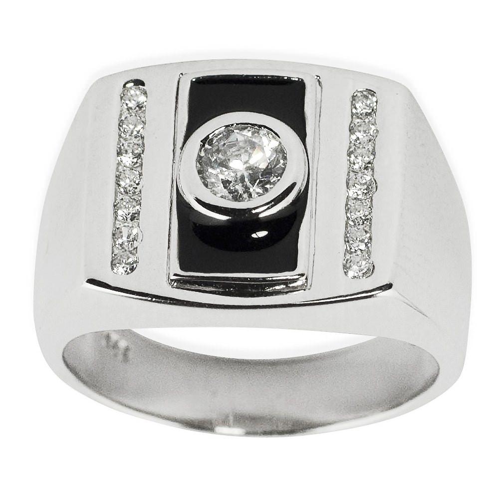 CZ Black Enamel Sterling Silver Men's Ring (Size 9) in Silver color,  shape