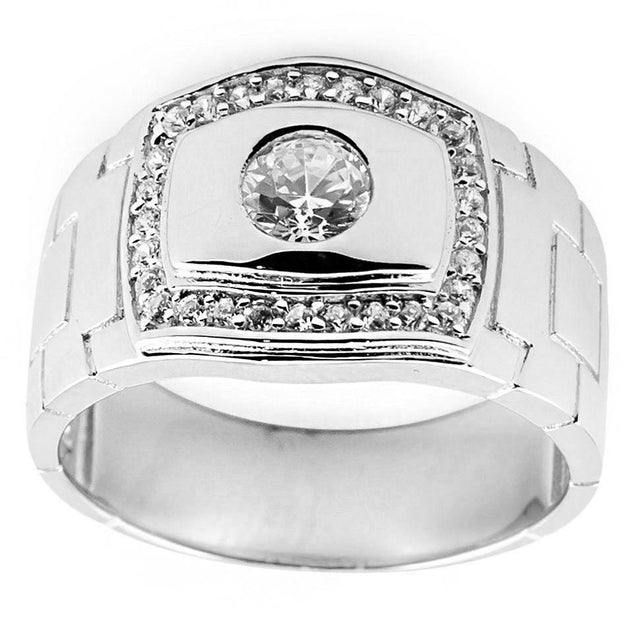 CZ Rhodium Plated Sterling Silver Men's Ring (Size 10) in Silver color,  shape