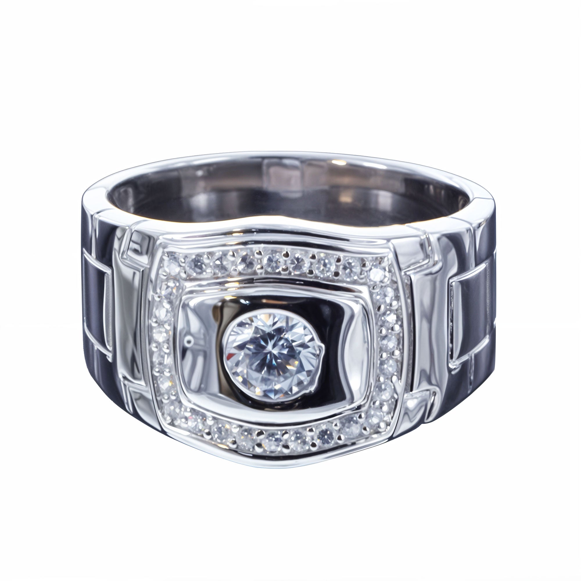 CZ Rhodium Plated Designer Sterling Silver Men's Ring (Size 10) in Silver color
