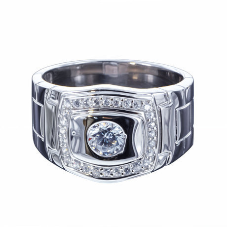 CZ Rhodium Plated Sterling Silver Men's Ring (Size 10) in Silver color