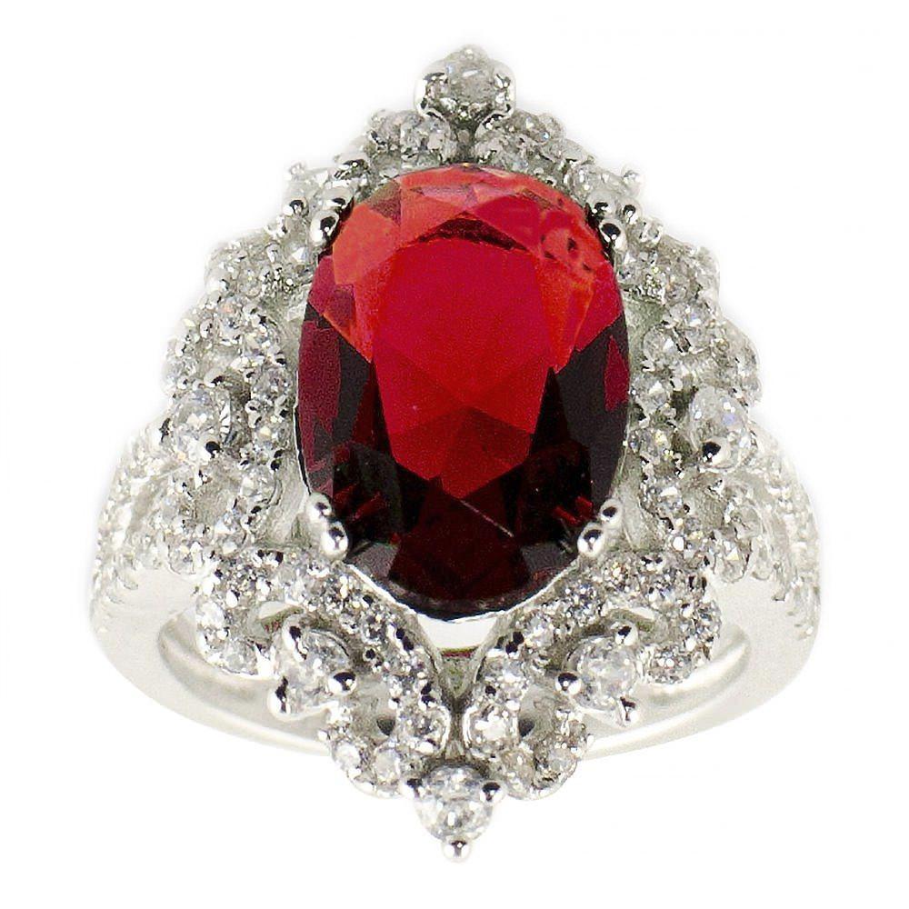 Red Oval CZ Rhodium Sterling Silver Ring (Size 7) in Red color,  shape
