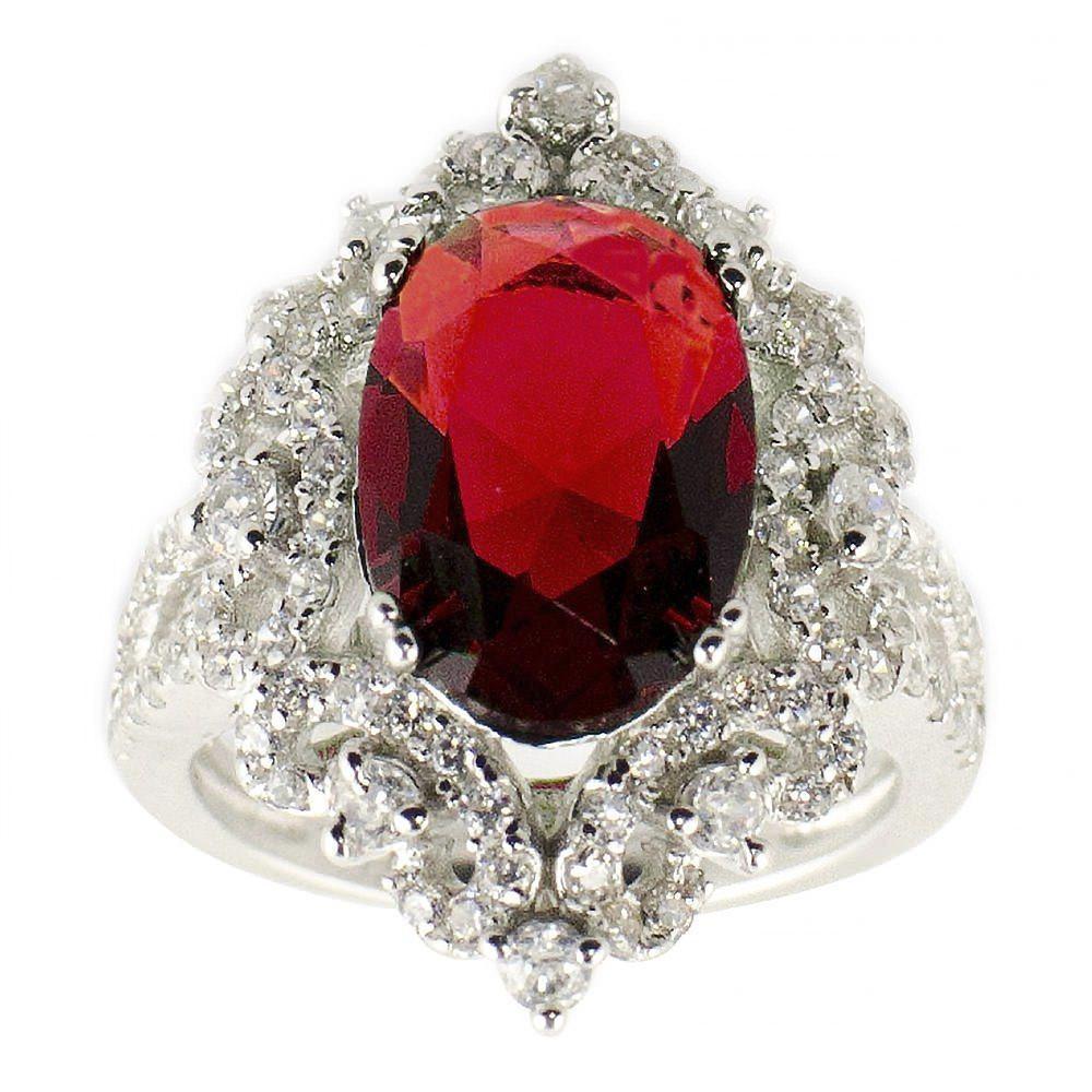 Red Oval CZ Rhodium Sterling Silver Ring (Size 7) in Red color