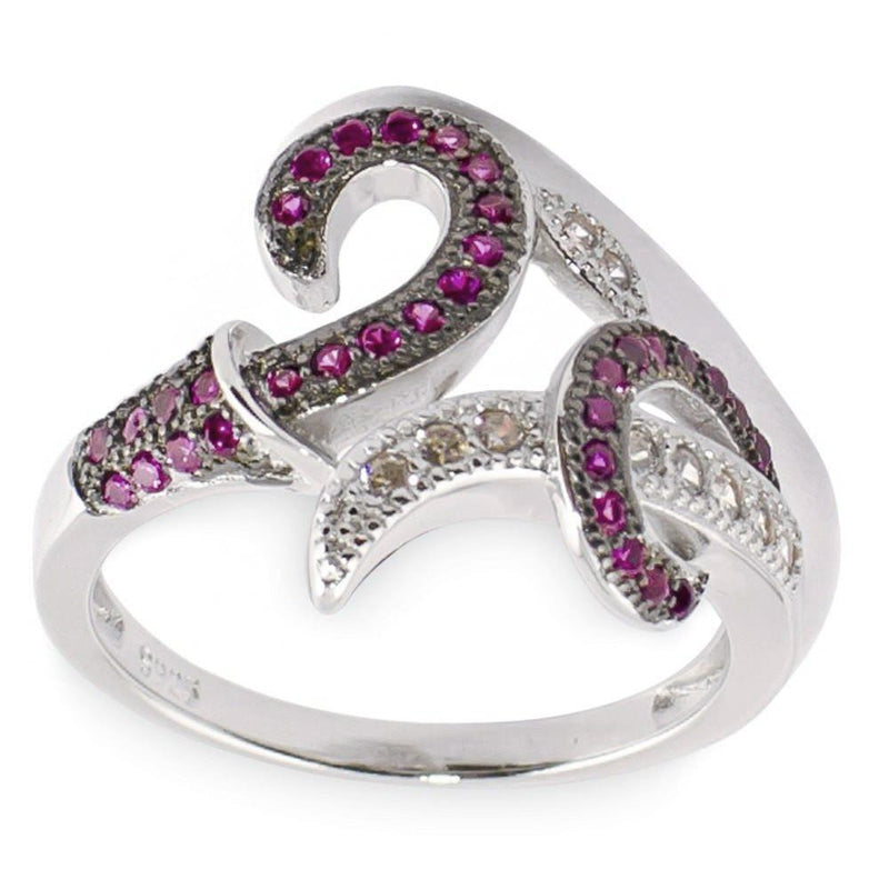Pink CZ Rhodium Sterling Silver Ring (Size 6) in Red color,  shape