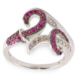Pink CZ Rhodium Sterling Silver Ring (Size 8) in Red color,  shape
