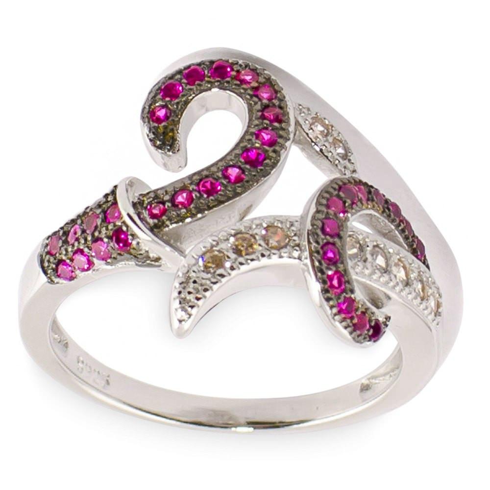 Pink CZ Rhodium Sterling Silver Ring (Size 8) in Red color
