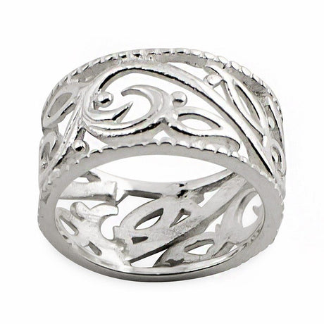 Carved Leaf Design Sterling Silver Ring (Size 7) in Silver color