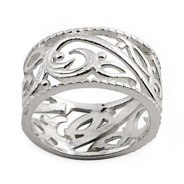 Carved Leaf Design Sterling Silver Ring (Size 7) in Silver color