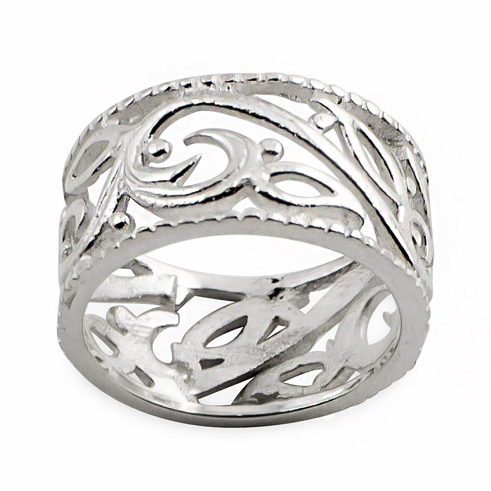 Carved Leaf Design Sterling Silver Ring (Size 8) in Silver color,  shape