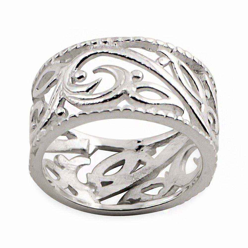 Carved Leaf Design Sterling Silver Ring (Size 8) in Silver color