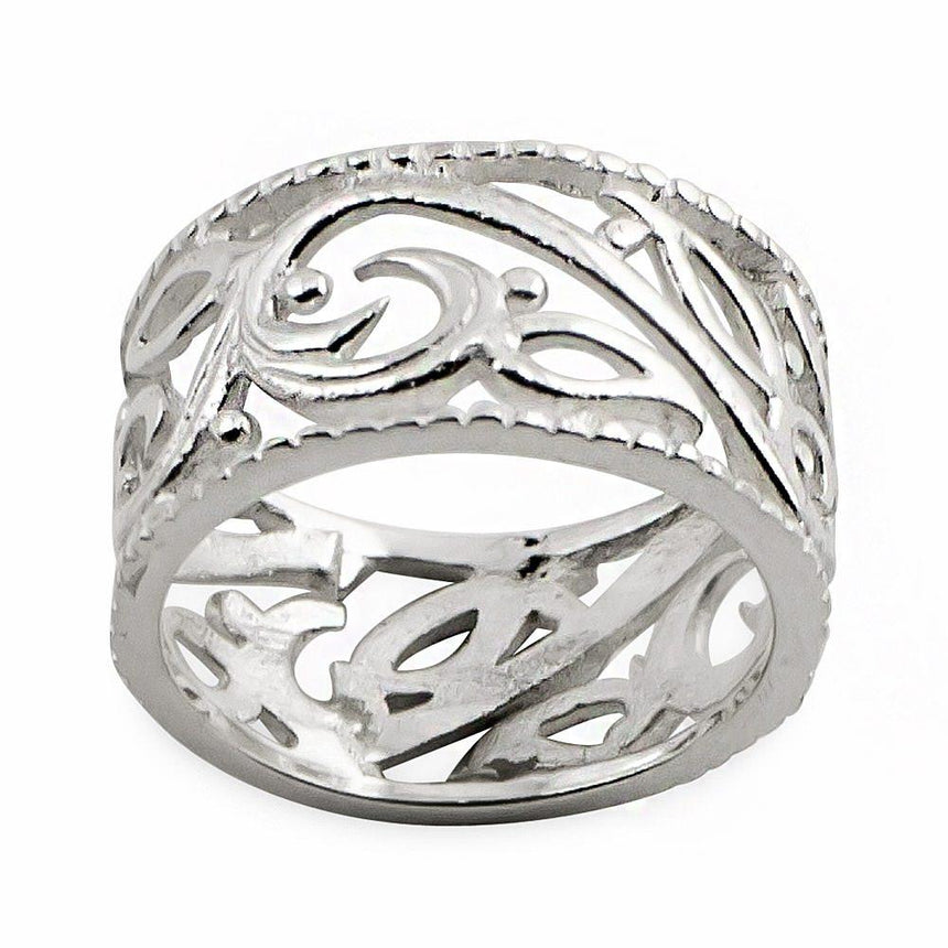 Carved Leaf Design Sterling Silver Ring (Size 8) in Silver color