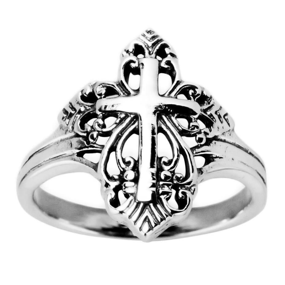 Religious Cross Sterling Silver Men's Ring (Size 10) in Silver color,  shape