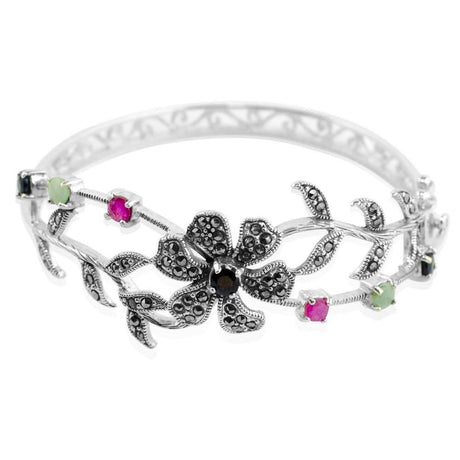 Marcasite Flower Sterling Silver Bracelet in Silver color,  shape