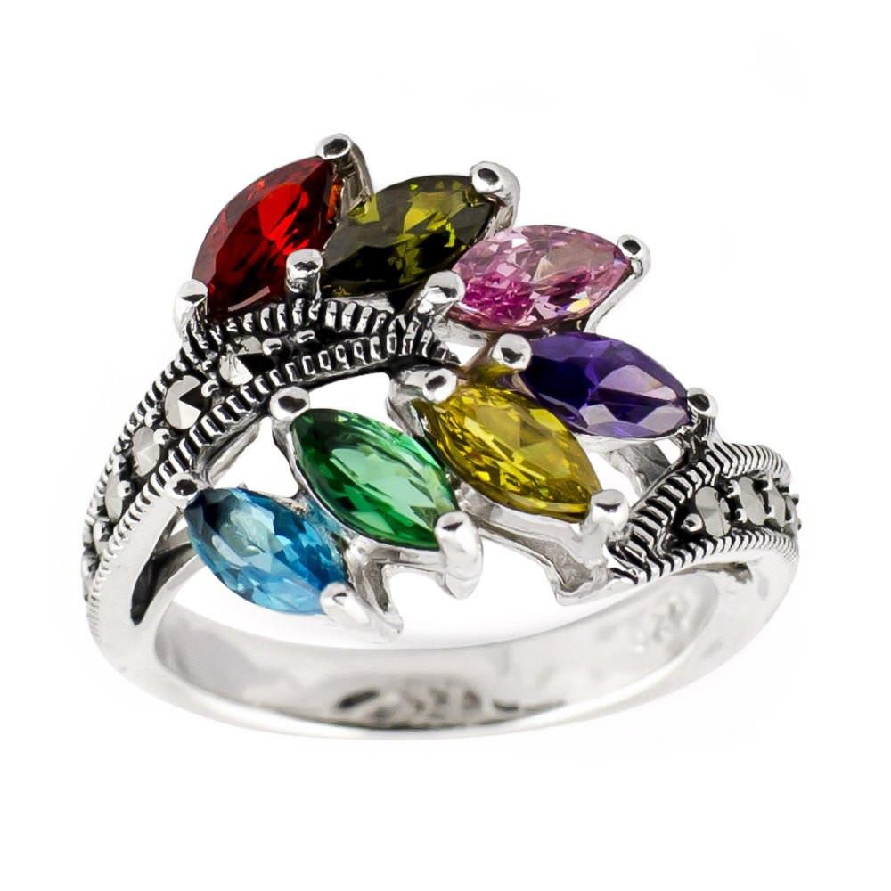 Marcasite Leaf Design Sterling Silver Ring (Size 7) in  color