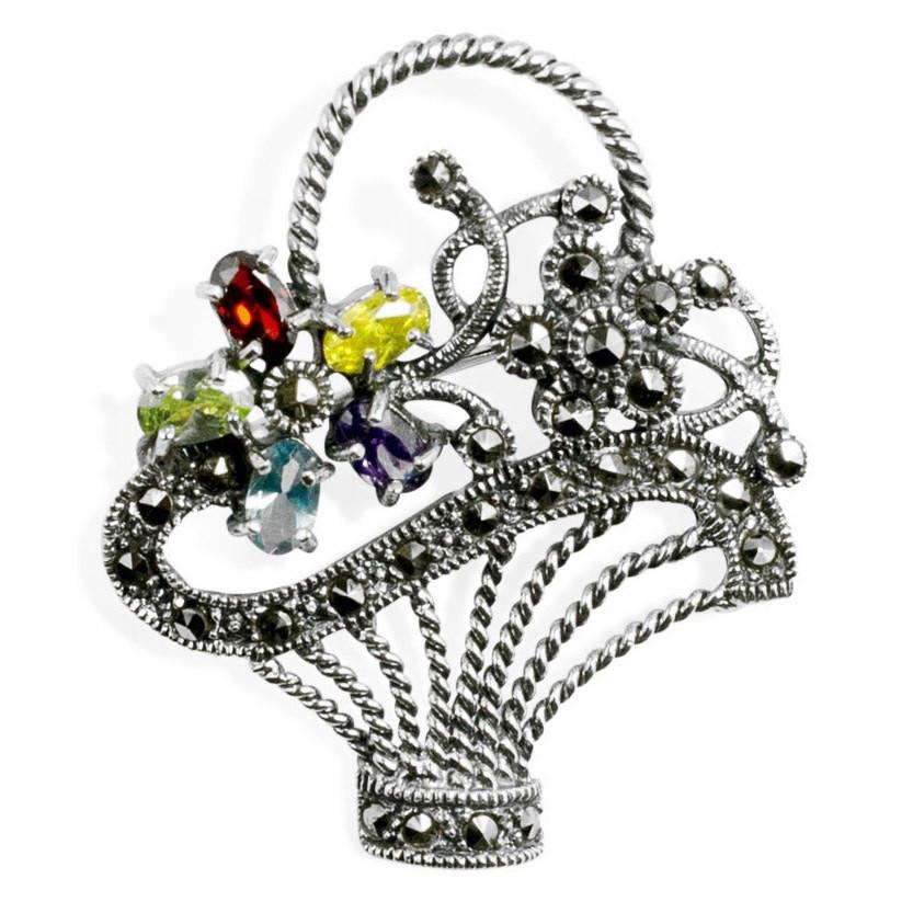 Marcasite CZ Sterling Silver Brooch in Silver color