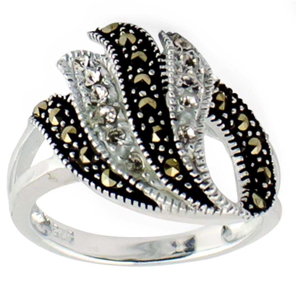 Crystal Glass Marcasite Sterling Silver Ring (Size 6) in Silver color