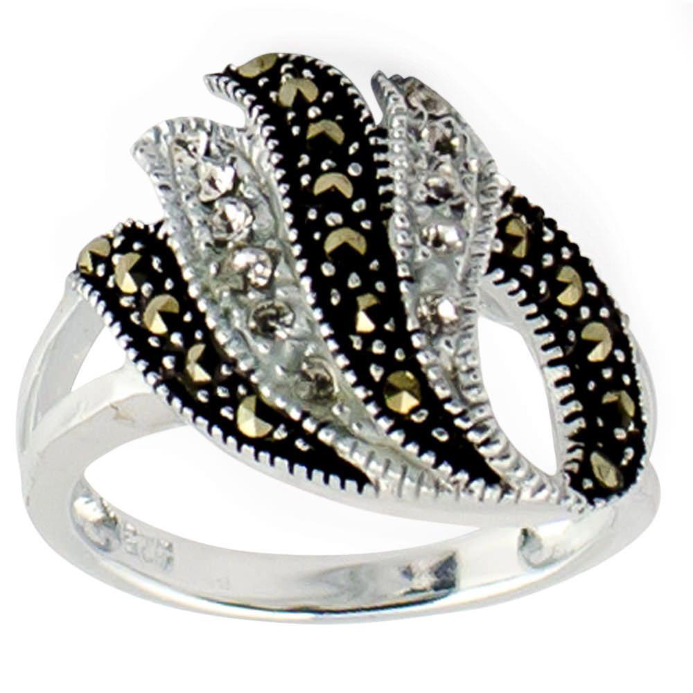 Crystal Glass Marcasite Sterling Silver Ring (Size 7) in Silver color,  shape