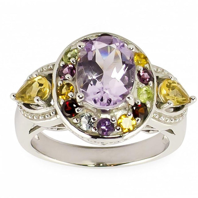 Amethyst Rhodonite White Topaz and ect. Gemstones Sterling Silver Ring (Size 6) in  color