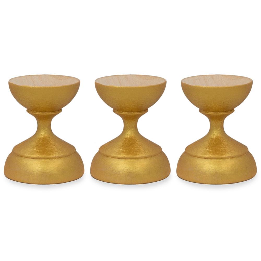 Set of 3 Metallic Gold Wooden Ukrainian Egg Sphere Stand Holder Display 1.6 Inches in Gold color