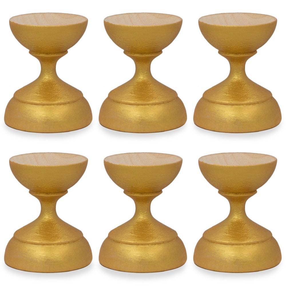 Set of 6 Metallic Gold Wooden Ukrainian Egg Sphere Stand Holder Display 1.6 Inches in Gold color