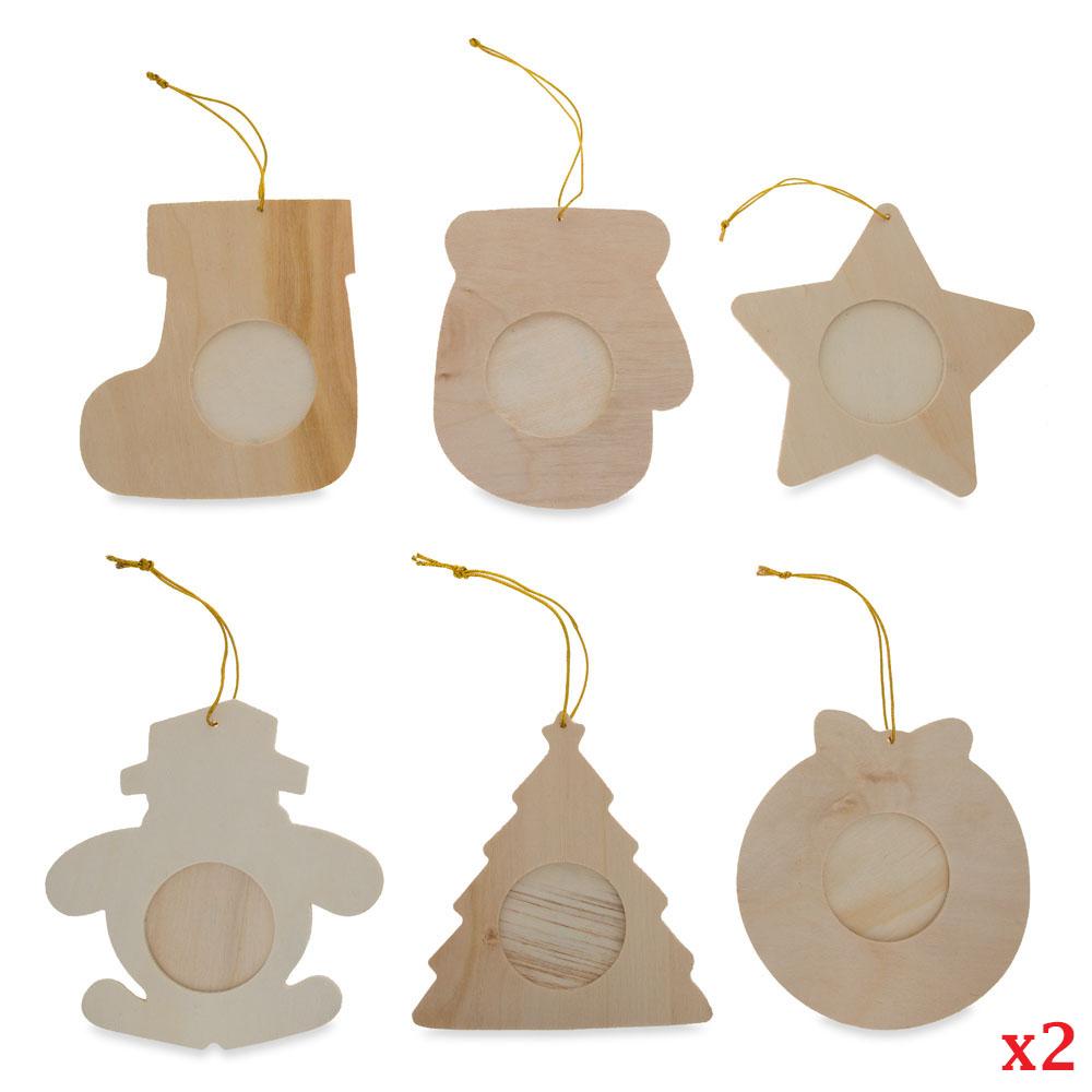 Set of 12 Unfinished Wooden Picture Frame Christmas Ornaments in Beige color