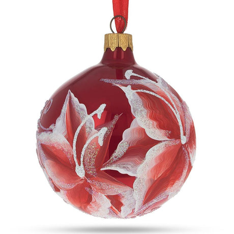 Glass Elegant Red Lilies Blown Glass Ball Christmas Ornament 3.25 Inches in Red color Round