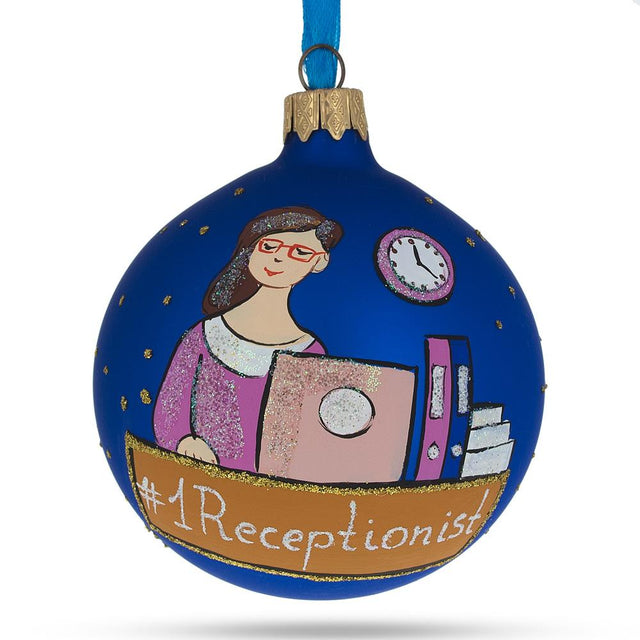 Desk & Diplomacy: Receptionist - Office Secretary Blown Glass Ball Christmas Ornament 3.25 Inches in Blue color, Round shape