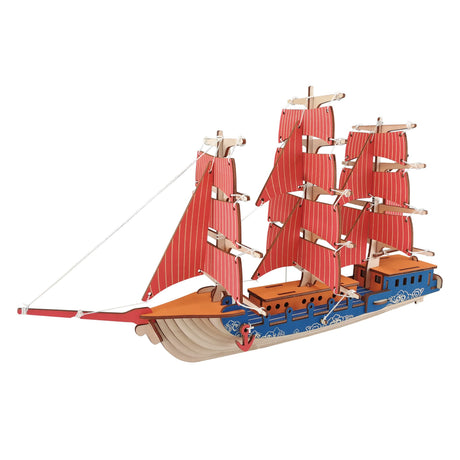Sailing Ship Model Kit - Wooden Laser-Cut 3D Puzzle (77 Pcs) in Red color,  shape