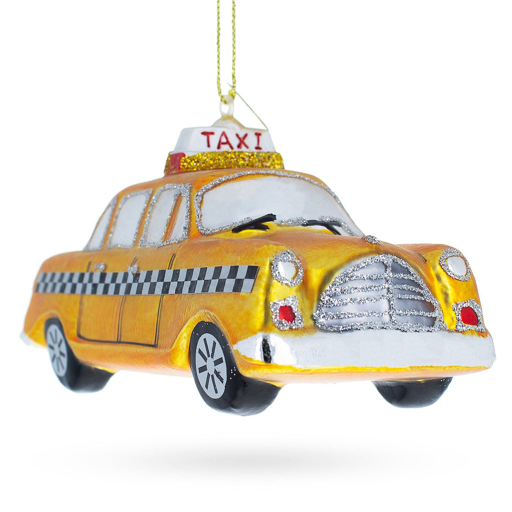 Glass New York Yellow Taxi Blown Glass Christmas Ornament in Yellow color