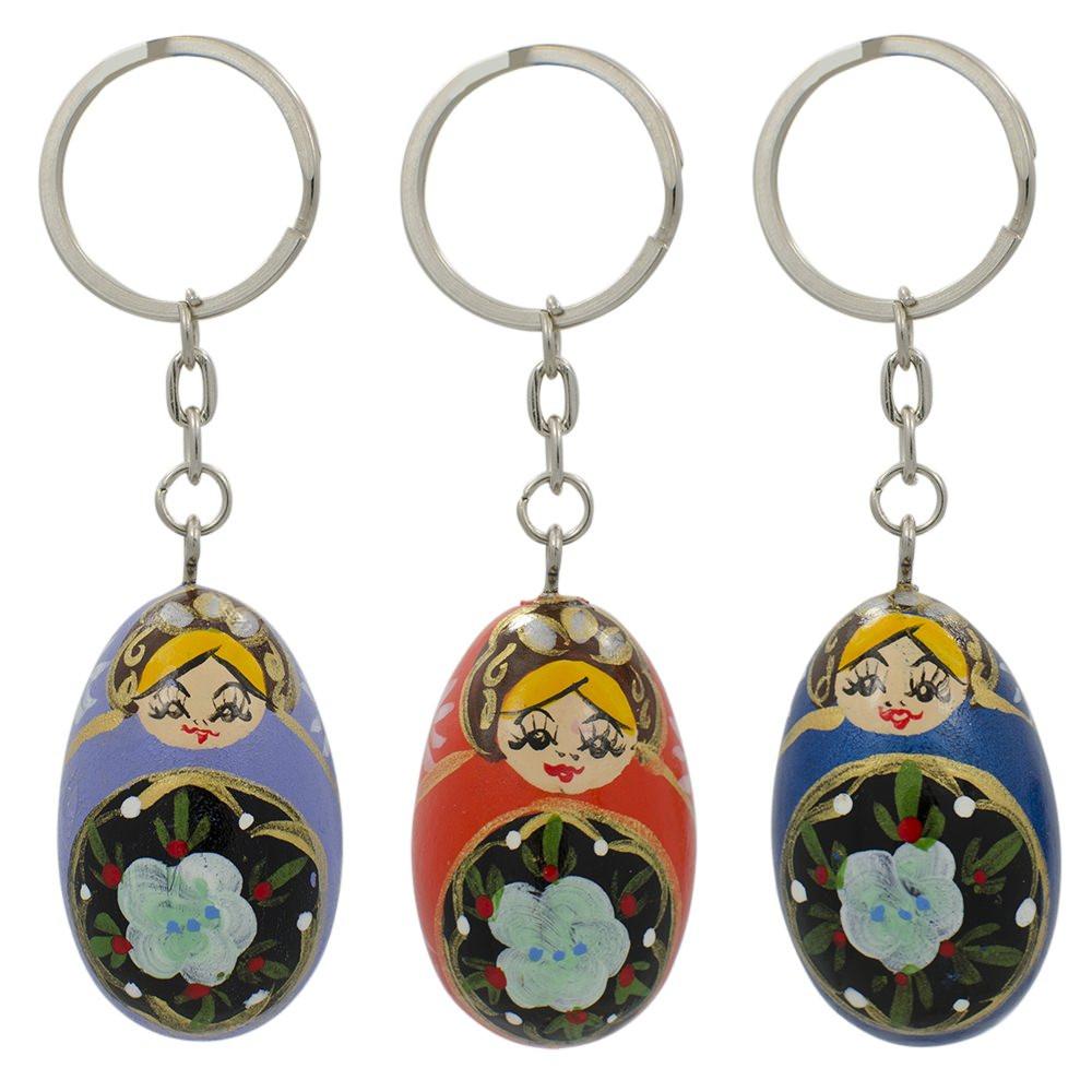 Wood Set of 3 Metal Nesting Dolls Key Chains in Multi color Oval
