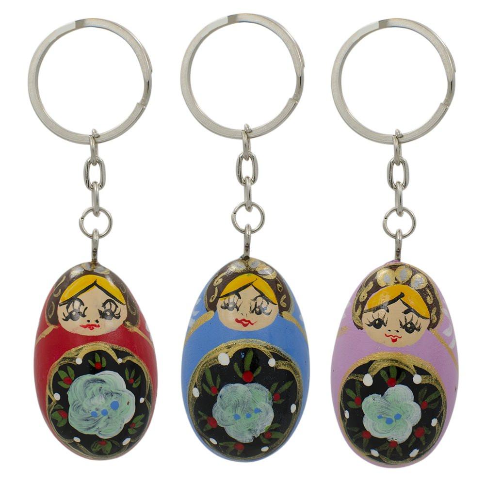 Wood Set of 3 Metal Dolls Key Chains in Multi color Oval