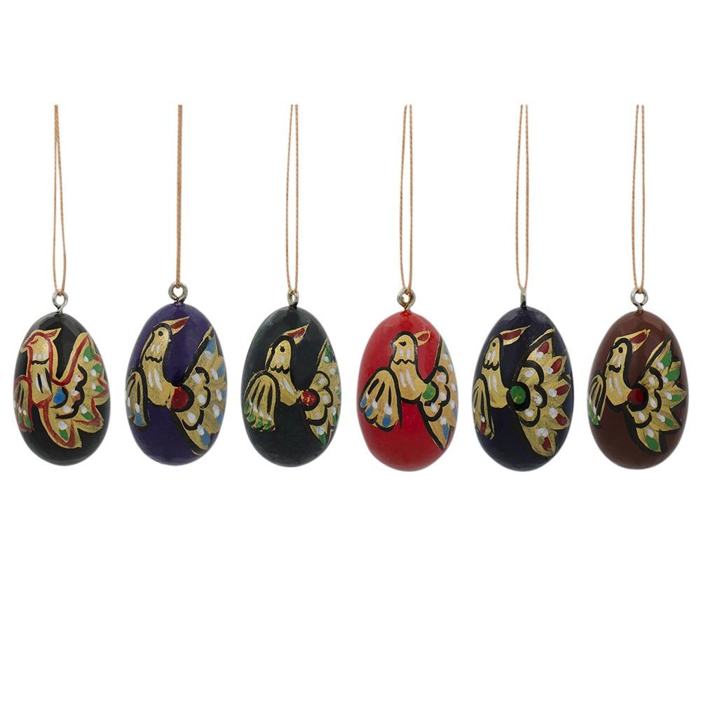 Set of 6 Golden Birds Egg Shape Wooden Christmas Ornaments 1.5 Inches in Multi color Oval